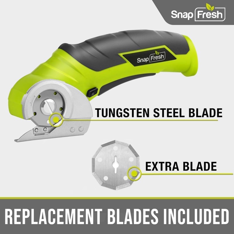 SnapFresh مقص كهربائي لاسلكي، 4 فولت قاطع صندوق كهربائي صغير، أداة قطع السجاد والورق المقوى مع شفرة/شاحن بديل، قاطع دوار لطرود الورق المقوى والجلد والبلاستيك (أخضر) - Image 2